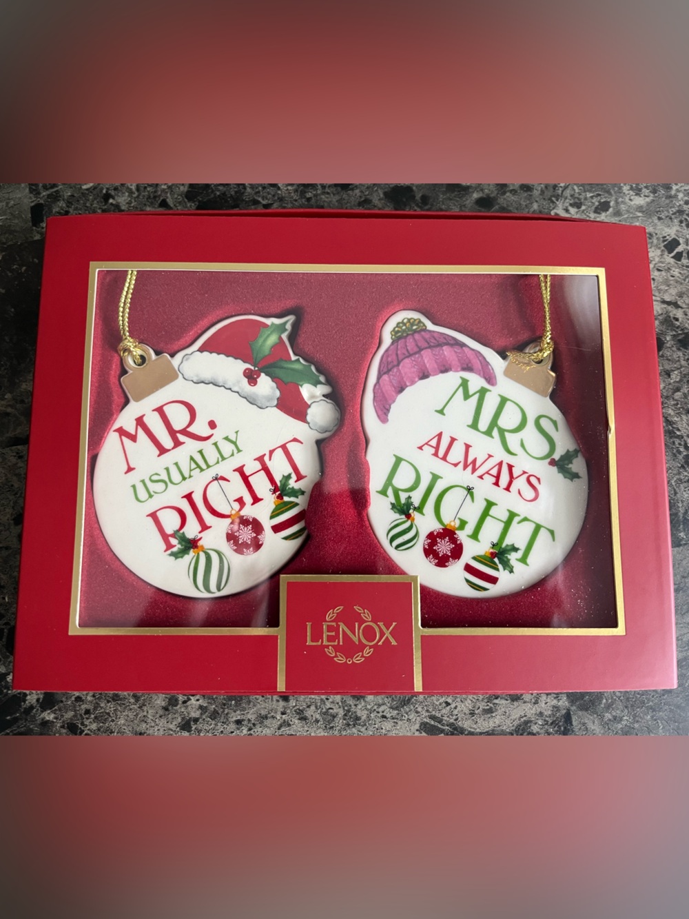 Lenox Porcelain Mr Usually Right & Mrs Always Right Holiday Ornament Set 2Piece